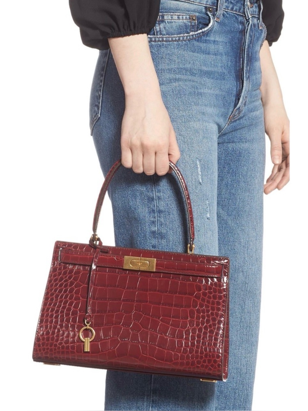 Tory Burch Lee Radziwill Croc Embossed Leather Satchel In Roma Red.